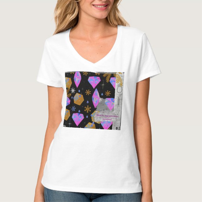 Rosa diamanter & gyllene stjärnor V-ringad t-shirt (Framsida)