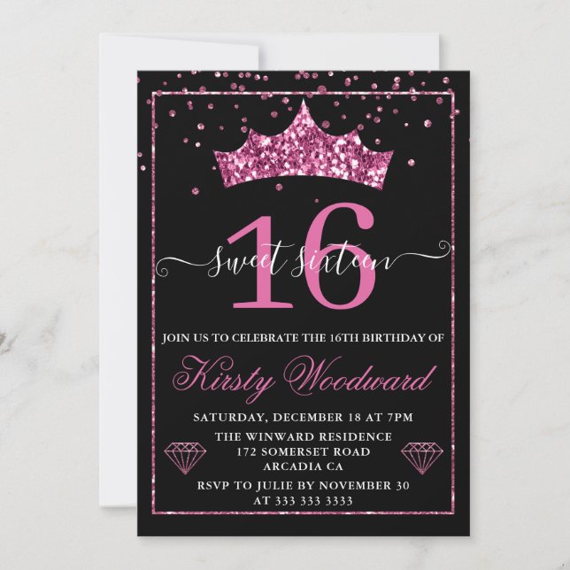 Rosa diamantkonfettitiara Sweet 16 Inbjudningar (Framsida)