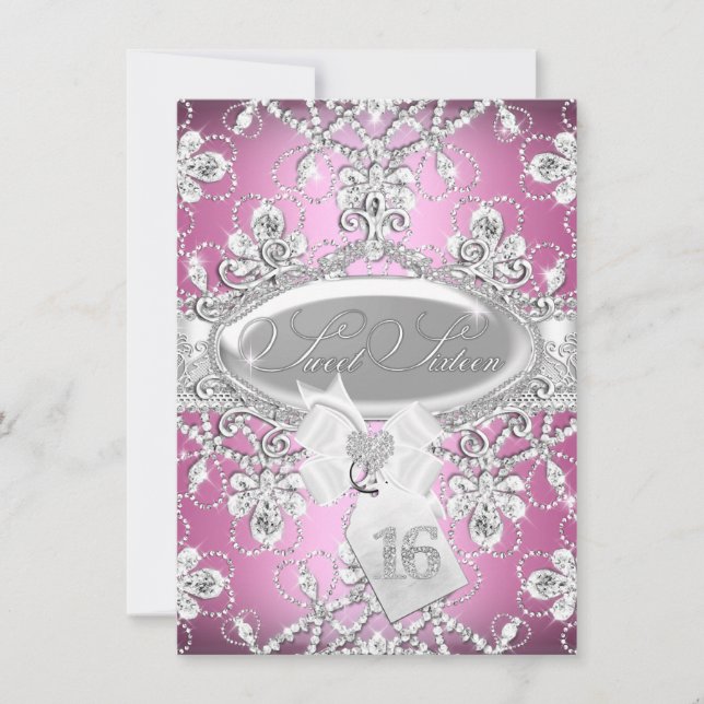 Rosa Diamanttiara Prinsessa Sweet 16 Inbjudan (Framsida)