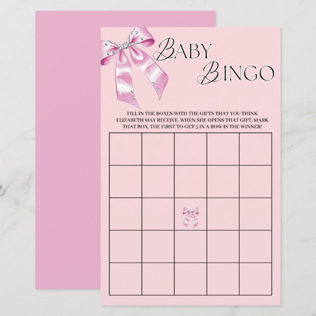 Rosa Diamond Coquette Bow Baby Shower Bingo (Fram/baksida)