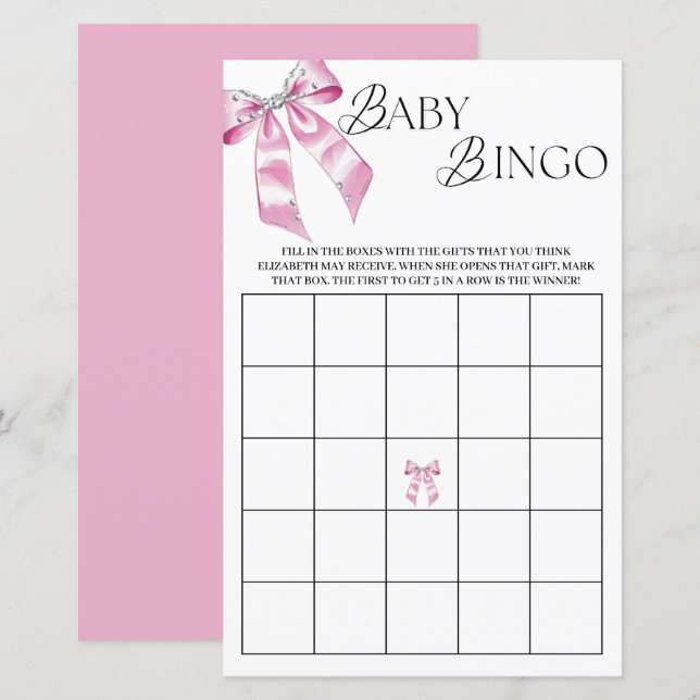 Rosa Diamond Coquette Bow Baby Shower Bingo (Fram/baksida)