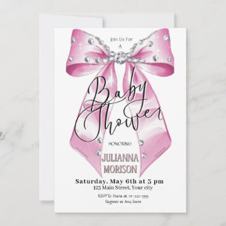 Rosa Diamond Coquette Bow Baby Shower Girl Inbjudningar