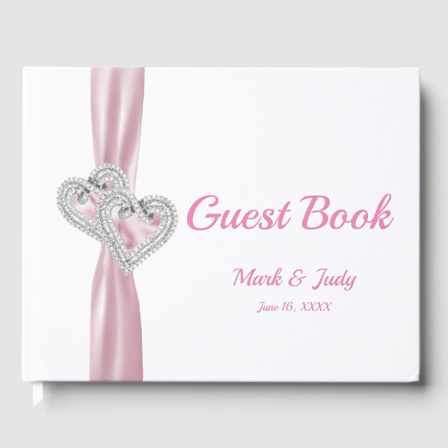 Rosa Diamond Hearts Bröllop Guestbook Gästböcker (Framsida)