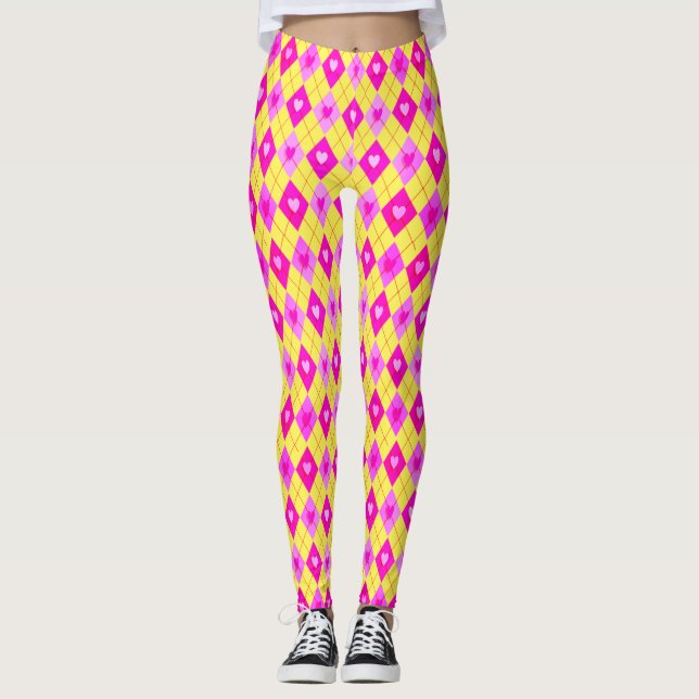 Rosa Diamonds Hearts Mönster Leggings (Framsida)