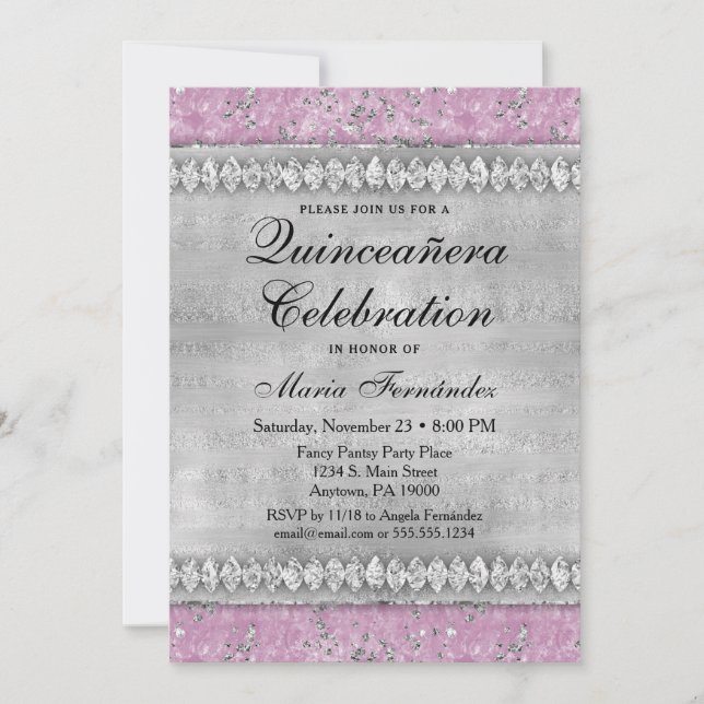 Rosa Diamonds Quinceañera-inbjudan Samvet Silver Inbjudningar (Framsida)