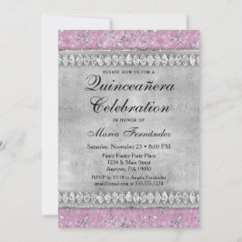 Rosa Diamonds Quinceañera-inbjudan Samvet Silver Inbjudningar