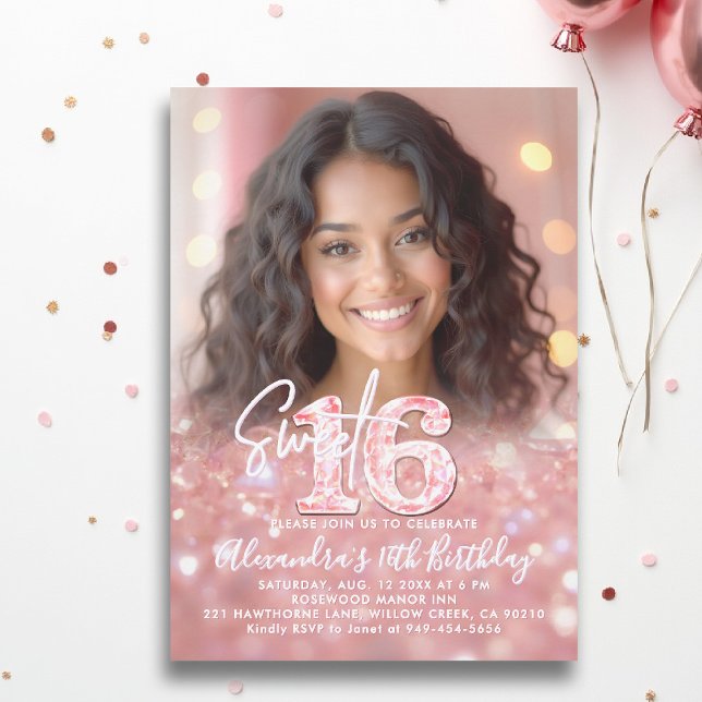 Rosa Diamonds Ro Guld Chic Photo Sweet 16 Inbjudningar (sweet sixteen invitation 16th birthday rose gold blush pink diamonds photo template elegant teen)
