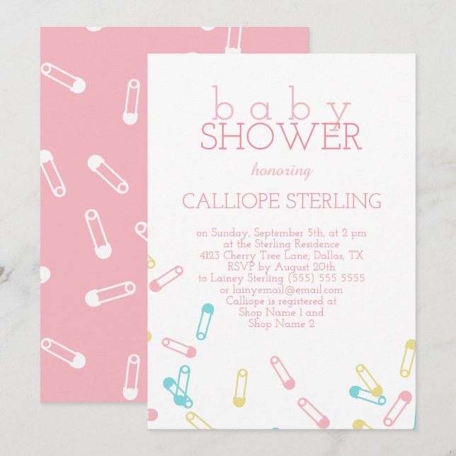 Rosa Diaper Stift Pastel Baby Shower-inbjudan Inbjudningar (Fram/baksida)