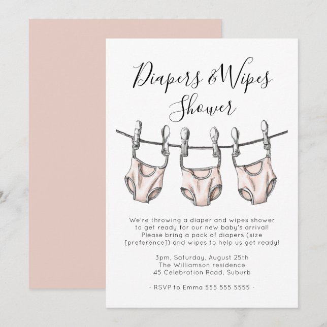  Rosa Diaper & Wipes Girl Baby Shower Inbjudningar (Fram/baksida)