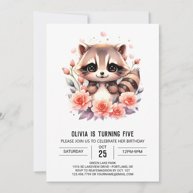 Rosa Digital Raccoon Girl Birthday Inbjudningar (Framsida)