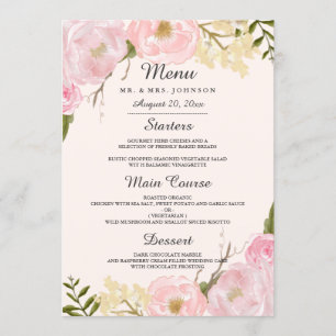 Rosa  Dinner Menu för  botanisk Blommigt Bröllop Meny