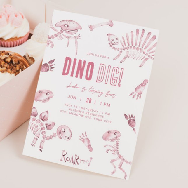 Rosa Dino Gräver födelsedagen Inbjudningar (Skapare uppladdad)