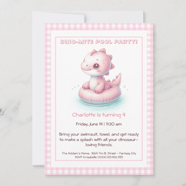 Rosa Dino-Mite Birthday Bassäng-inbjudan Inbjudningar (Framsida)