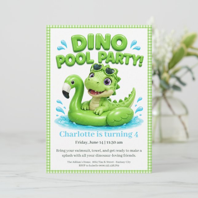 Rosa Dino-Mite födelsedagsfest för poolen inbjudan (Stående Fram)
