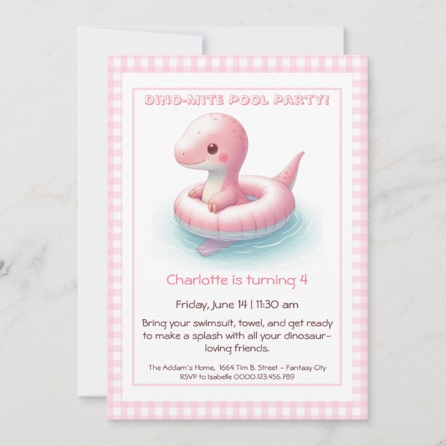 Rosa Dino-Mite födelsedagsfest-pool-inbjudan Inbjudningar (Framsida)