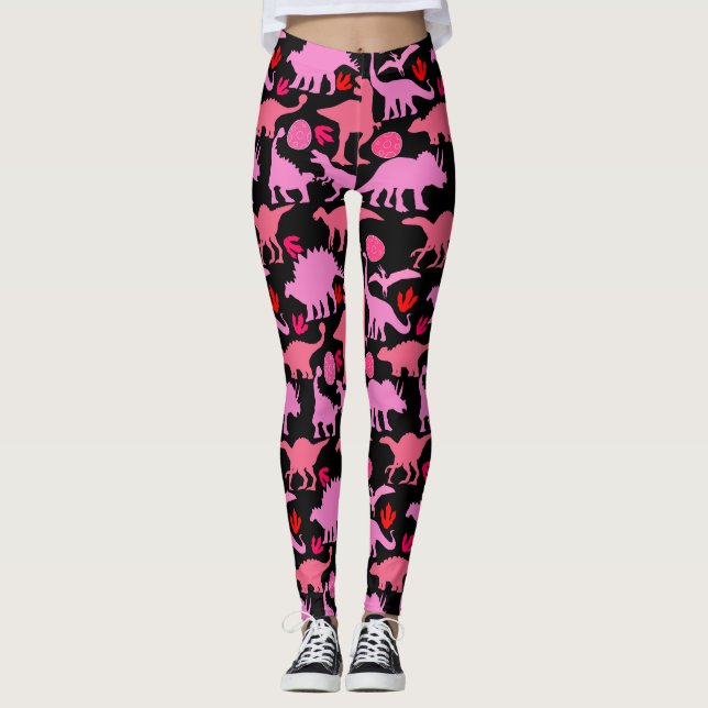 Rosa Dino Mönster Black BG Leggings (Framsida)