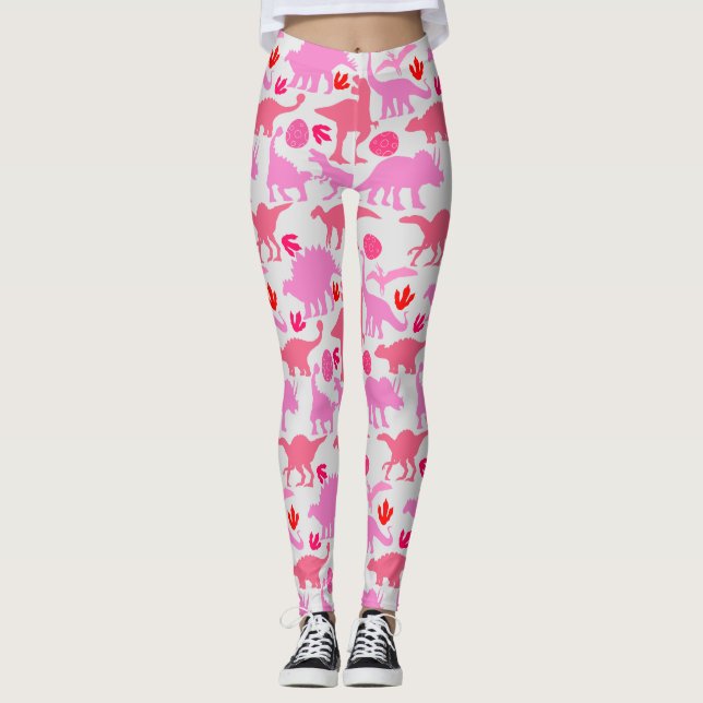 Rosa Dino-mönster L Grå BG Leggings (Framsida)