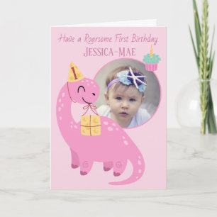 Rosa dinosaur 1-års födelsedags kort