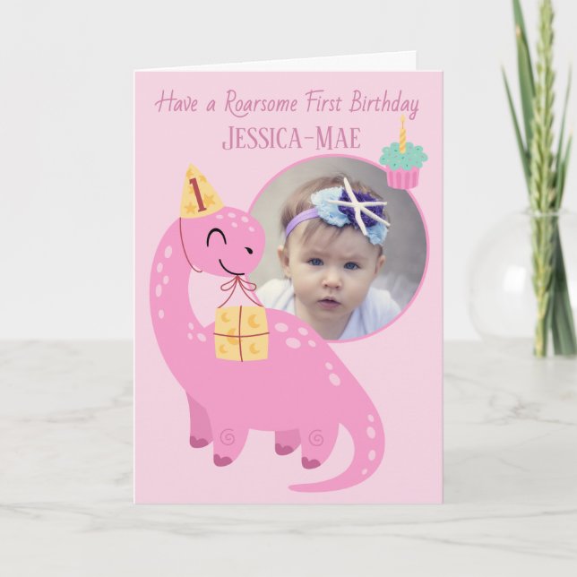 Rosa dinosaur 1-års födelsedags kort (Framsida)
