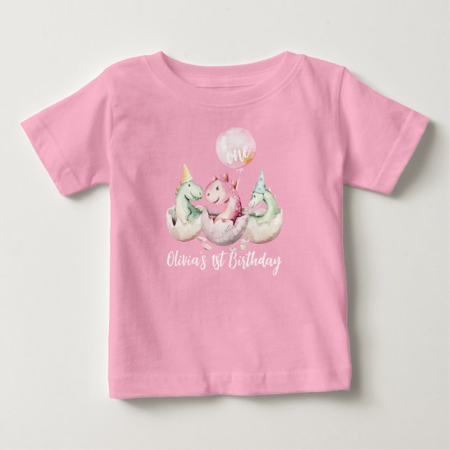 Rosa dinosaur 1-års födelsedags T-shirt (Framsida)