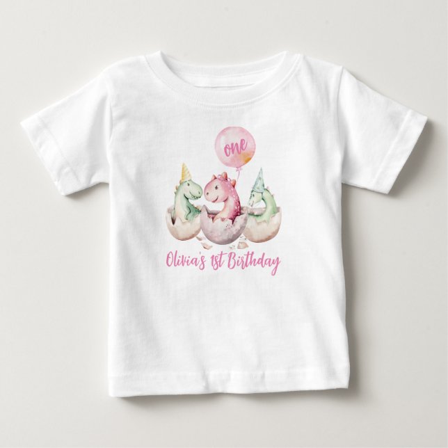 Rosa dinosaur 1-års födelsedags T-shirt (Framsida)