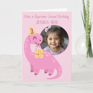 Rosa dinosaur 2-års födelsedags kort