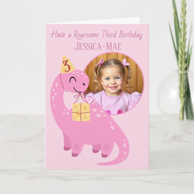Rosa dinosaur 3-års födelsedags kort (Framsida)