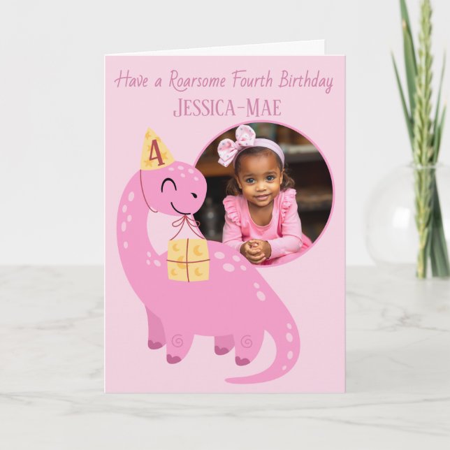 Rosa dinosaur 4-års födelsedags kort (Framsida)