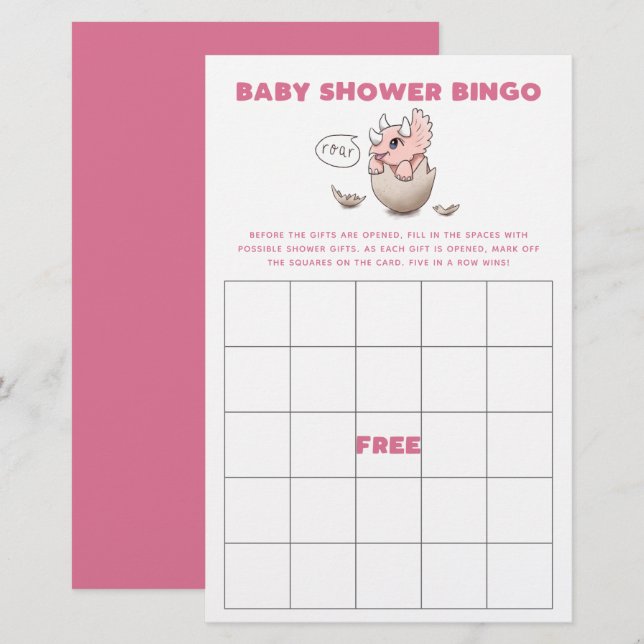 Rosa Dinosaur Baby Shower Bingo Game (Fram/baksida)