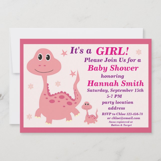 Rosa dinosaur baby shower inbjudan (Framsida)