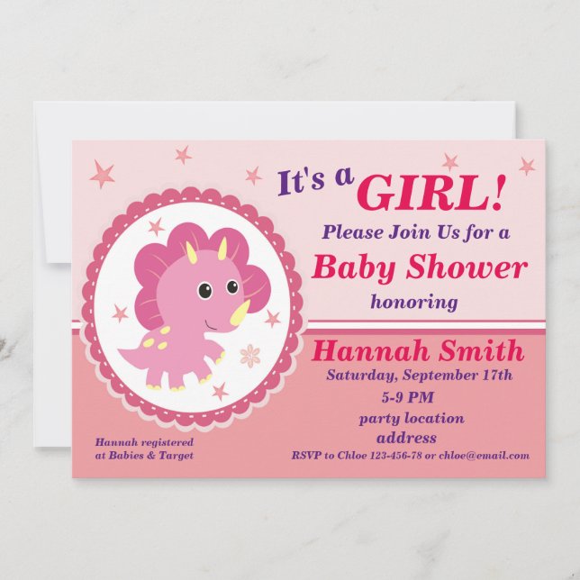 Rosa dinosaur baby shower inbjudan (Framsida)