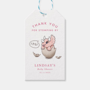 Rosa Dinosaur Baby Shower-Tack som formas av Presentetikett