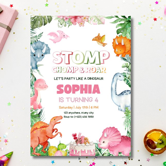 Rosa Dinosaur Birthday bjudande Girl Dinosaur Inbjudningar (Skapare uppladdad)