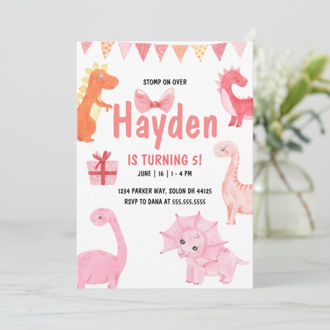 Rosa Dinosaur Birthday Inbjudningar (Stående Fram)