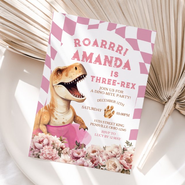 Rosa Dinosaur Blommigt med tre rex Vintage Inbjudningar (Skapare uppladdad)