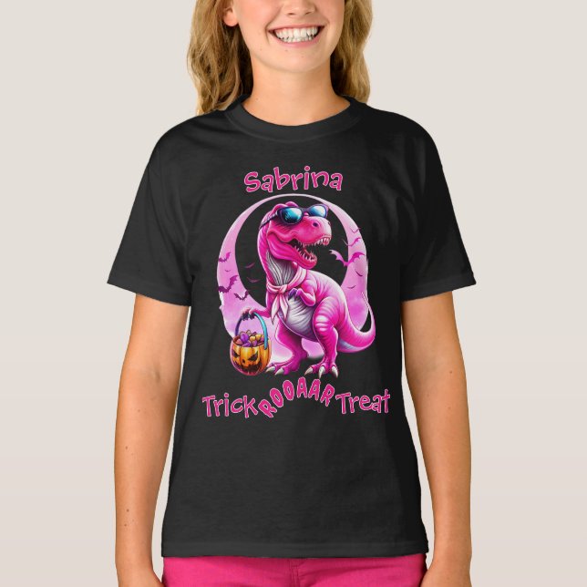 Rosa Dinosaur Bus eller godis T Shirt (Framsida)