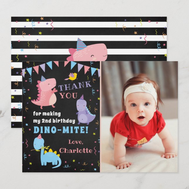 Rosa Dinosaur Chalkboard Girls Dino Party Photo Tack Kort (Fram/baksida)
