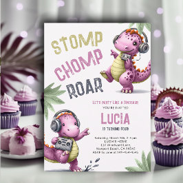 Rosa Dinosaur Dance Stomp Chomp Roar Girl Birthday Inbjudningar