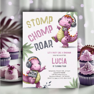 Rosa Dinosaur Dance Stomp Chomp Roar Girl Birthday Inbjudningar