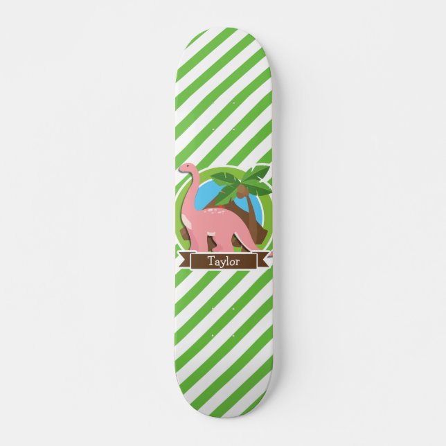Rosa Dinosaur, Dino; Grönt & White Rand Skateboard Bräda 20 Cm (Framsida)