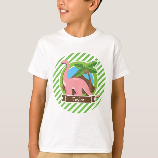 Rosa Dinosaur, Dino; Grönt & White Rand Tee Shirt (Framsida)