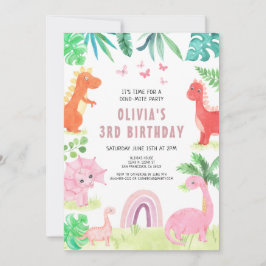 Rosa Dinosaur Födelsedagsfest Girl Kids Dino Inbjudningar