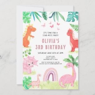 Rosa Dinosaur Födelsedagsfest Girl Kids Dino Inbjudningar