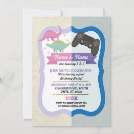 Rosa Dinosaur & Gaming Joint Boy Girl Birthday Inbjudningar