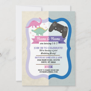 Rosa Dinosaur & Gaming Joint Boy Girl Birthday Inbjudningar