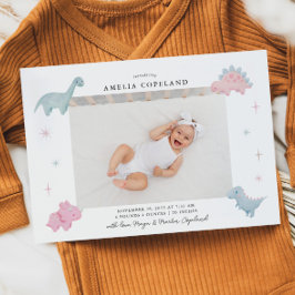 Rosa Dinosaur Girl Baby Photo Birth Notice Meddelande