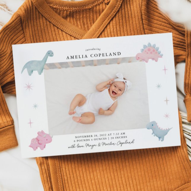 Rosa Dinosaur Girl Baby Photo Birth Notice Meddelande (Skapare uppladdad)