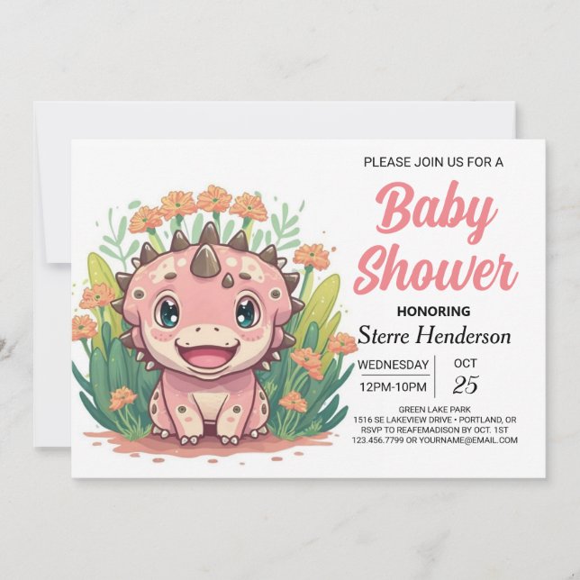 Rosa Dinosaur Girl Baby Shower Inbjudningar (Framsida)