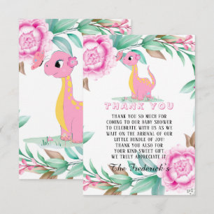 Rosa Dinosaur Girl Baby Shower Tack för dina kort