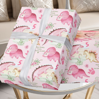 Rosa Dinosaur Girl Birthday eget namn Presentpapper